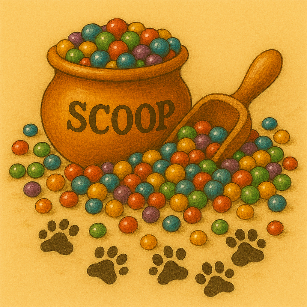 Illustration of a pot labeled 'SCOOP' with colorful candies and a wooden scoop on a yellow background. 5 scoops