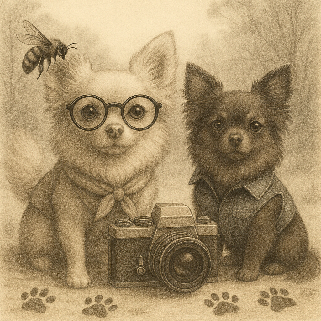 Illustration of two dogs with a camera and a bee in a sepia tone. Video promotion