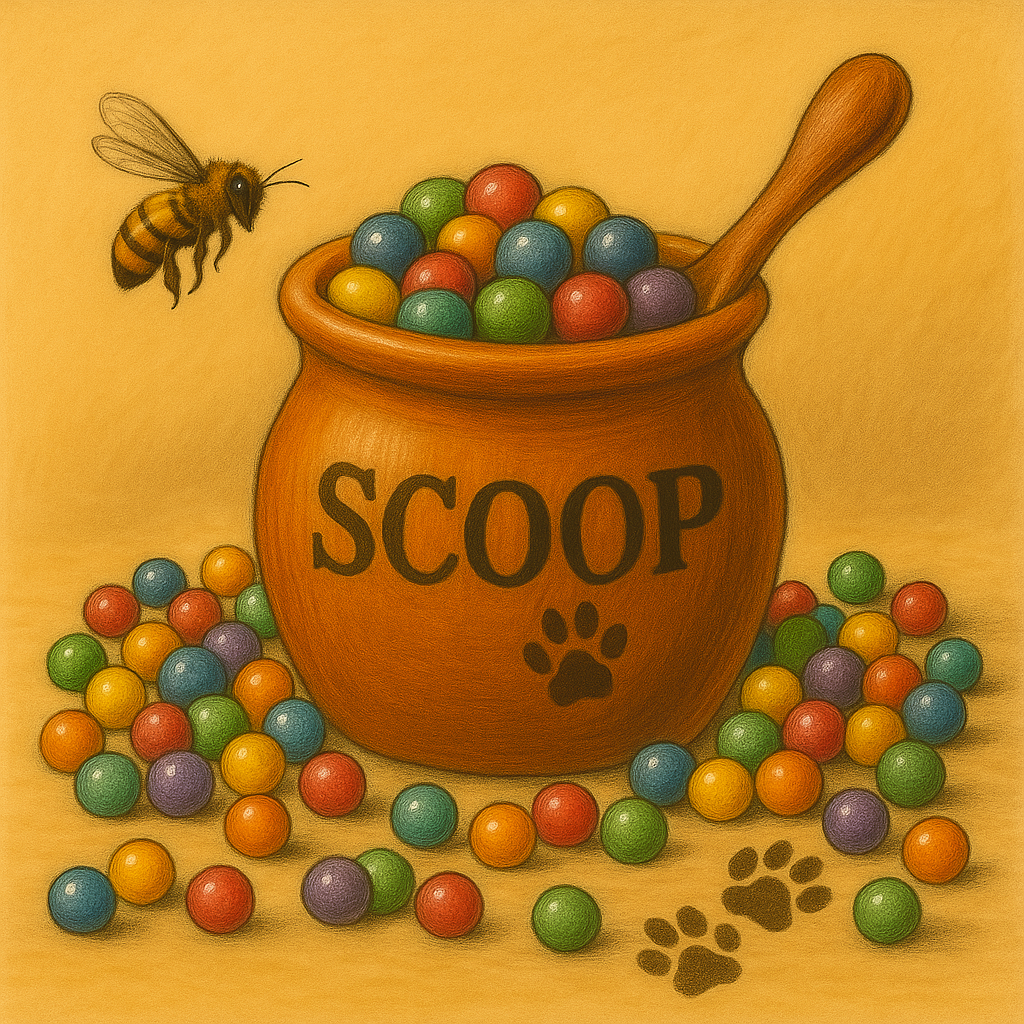 Illustration of a pot labeled 'SCOOP' with colorful balls and a bee on an orange background 3 scoops