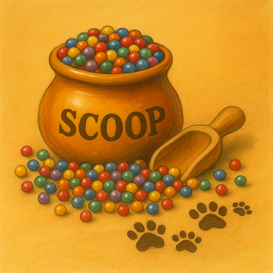 Illustration of a pot labeled 'SCOOP' with colorful treats and a wooden scoop on an orange background. 4 scoop