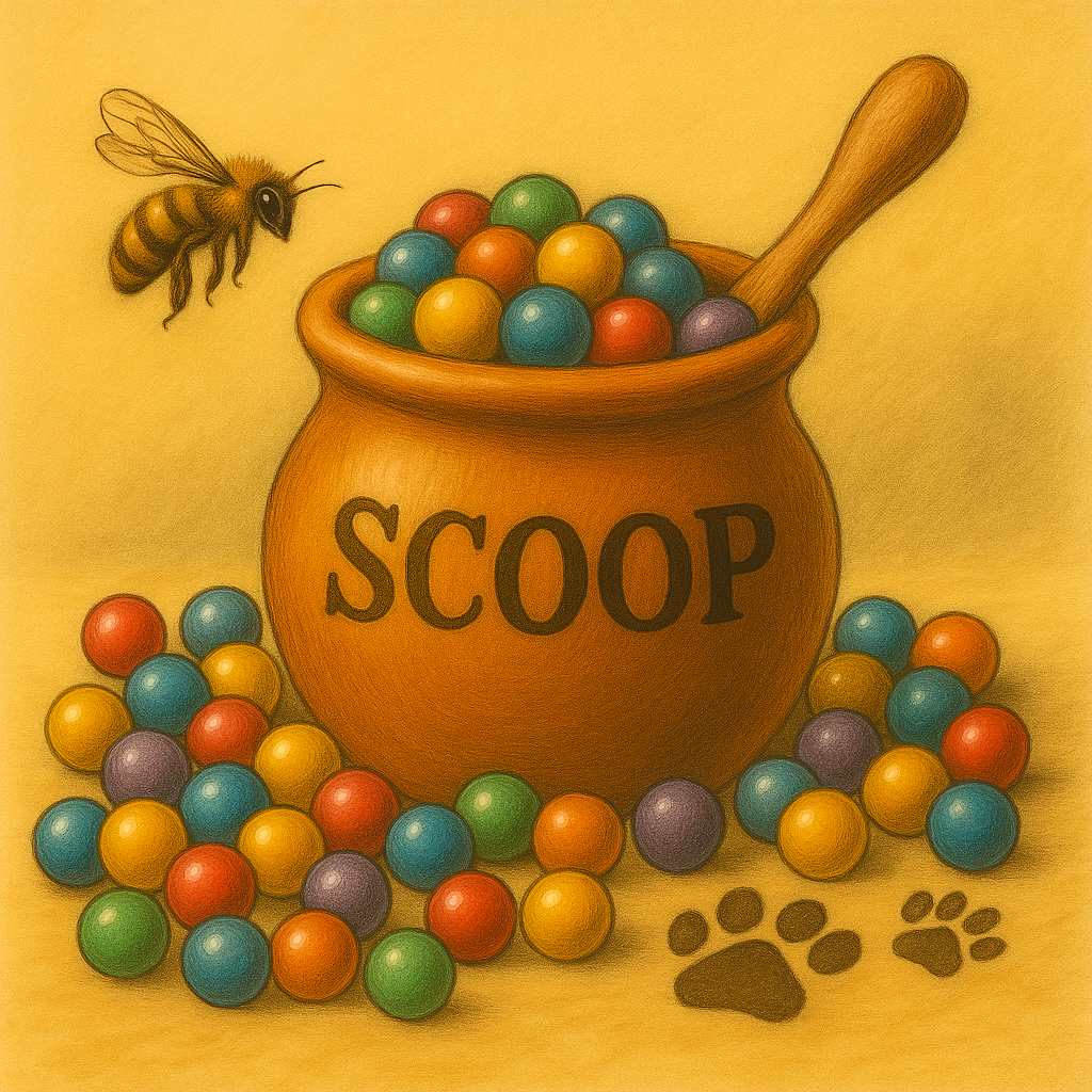 Illustration of a pot labeled 'SCOOP' with colorful balls and a bee on a yellow background 2 scoop 