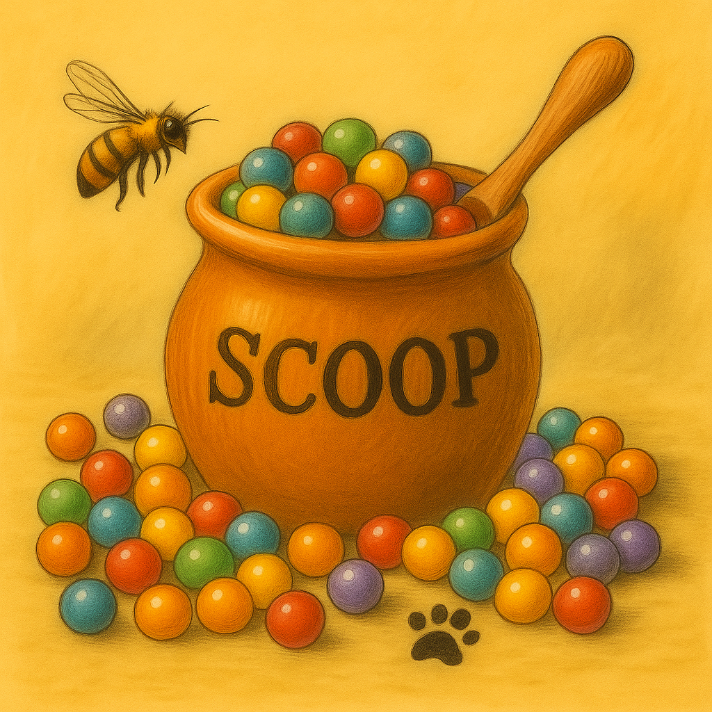 Illustration of a pot labeled 'SCOOP' with colorful balls and a bee on a yellow background 1 scoop